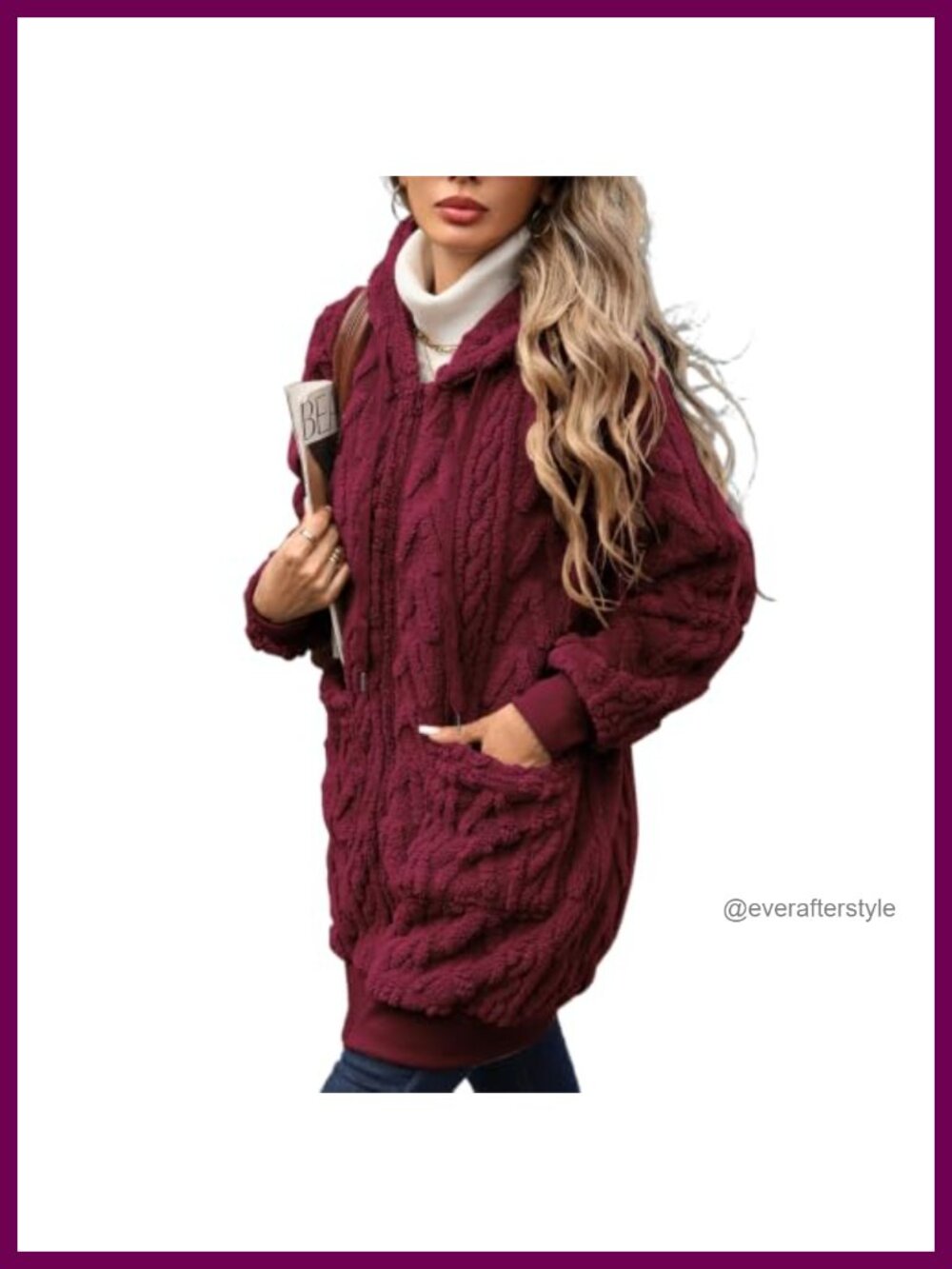 Sherpa Fleece Zip-Up Hoodie Jacket Mid-Long Loose Fit Pockets